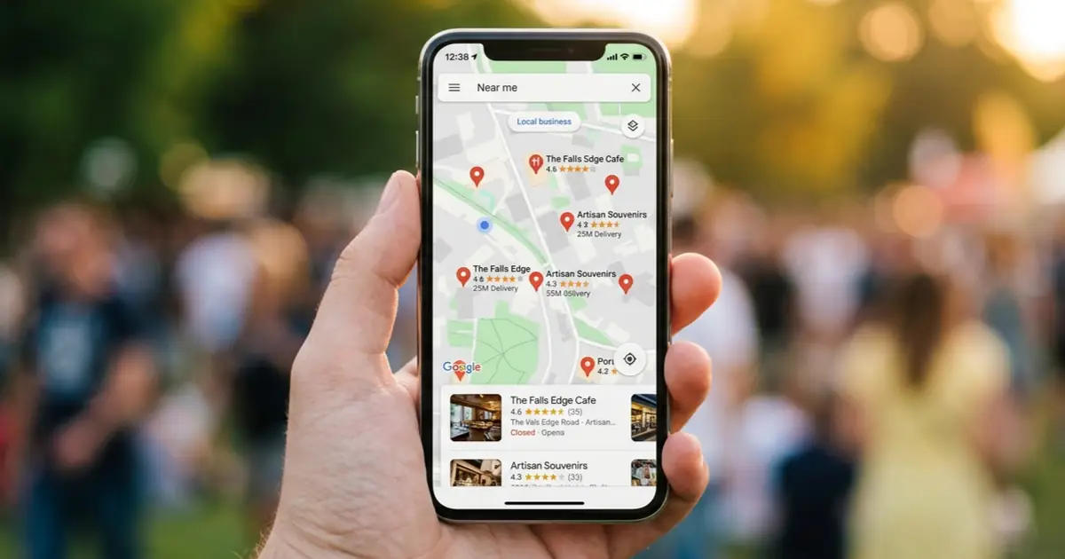 A smartphone displaying Google Maps local search results outdoors in warm summer light — digital marketing for Niagara Falls tourist season